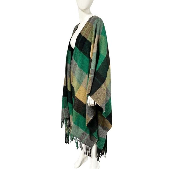 Zara Green Black Plaid Fringe Blanked Poncho Cape Womens Size M Medium - Picture 4 of 10